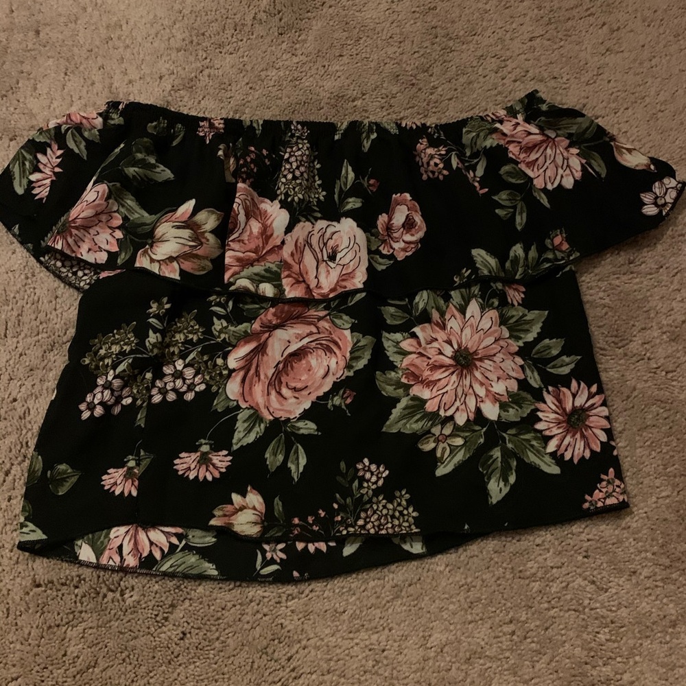 Floral Shoulders Off Black Blouse